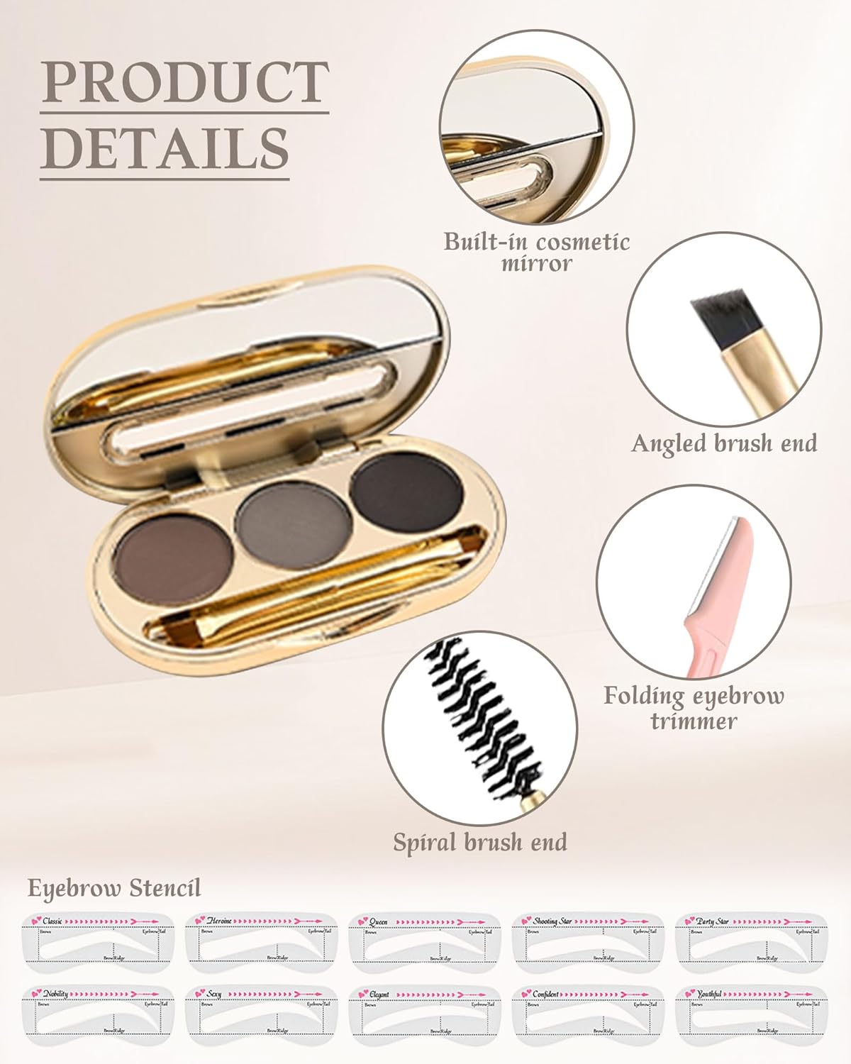 Waterproof Eyebrow Powder Kit - 3 Colors Long-Lasting Brow Powder Palette with Brush Razor &