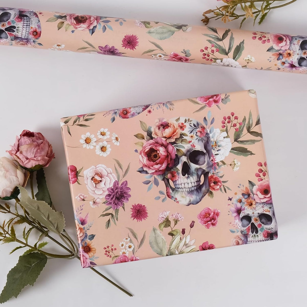 Aimyoo Gothic Wrapping Paper Roll, 17 Inch X 33 Fee Skull Floral Berry Design Gift Wrap Paper for