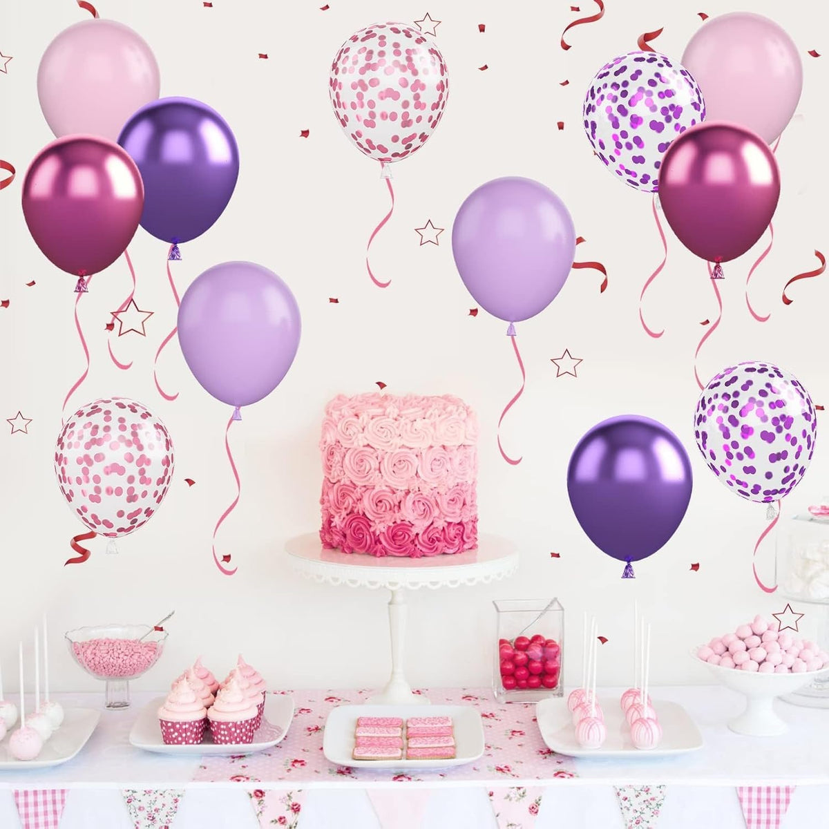 Pink and Purple Balloons, 50PCS 12 Inch Confetti Balloons, Metallic Purple Pink Latex Balloons with