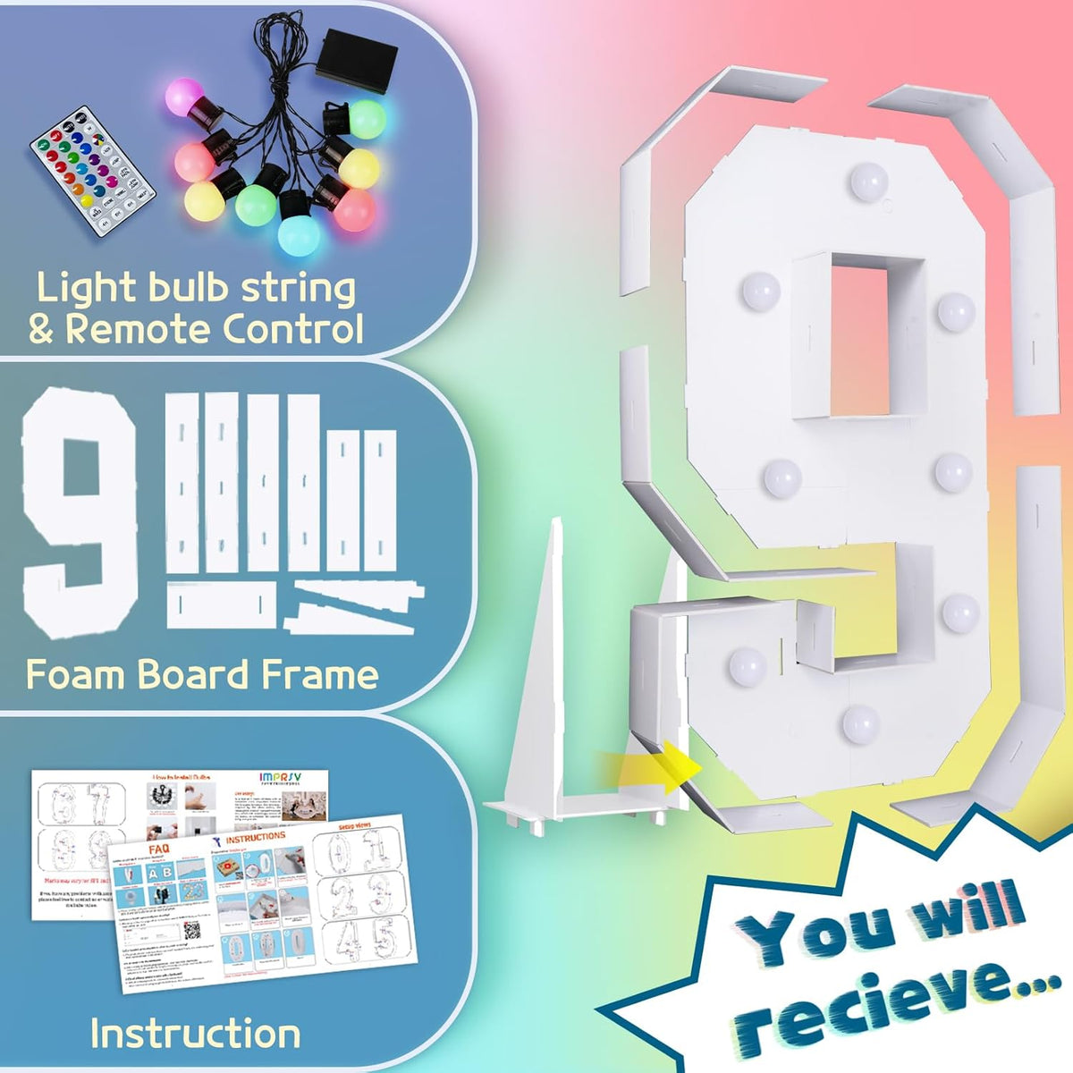 imprsv 3FT Colorful Marquee Numbers,18 Colors Number 9 with Remote, Light Up Numbers Sign for 3rd