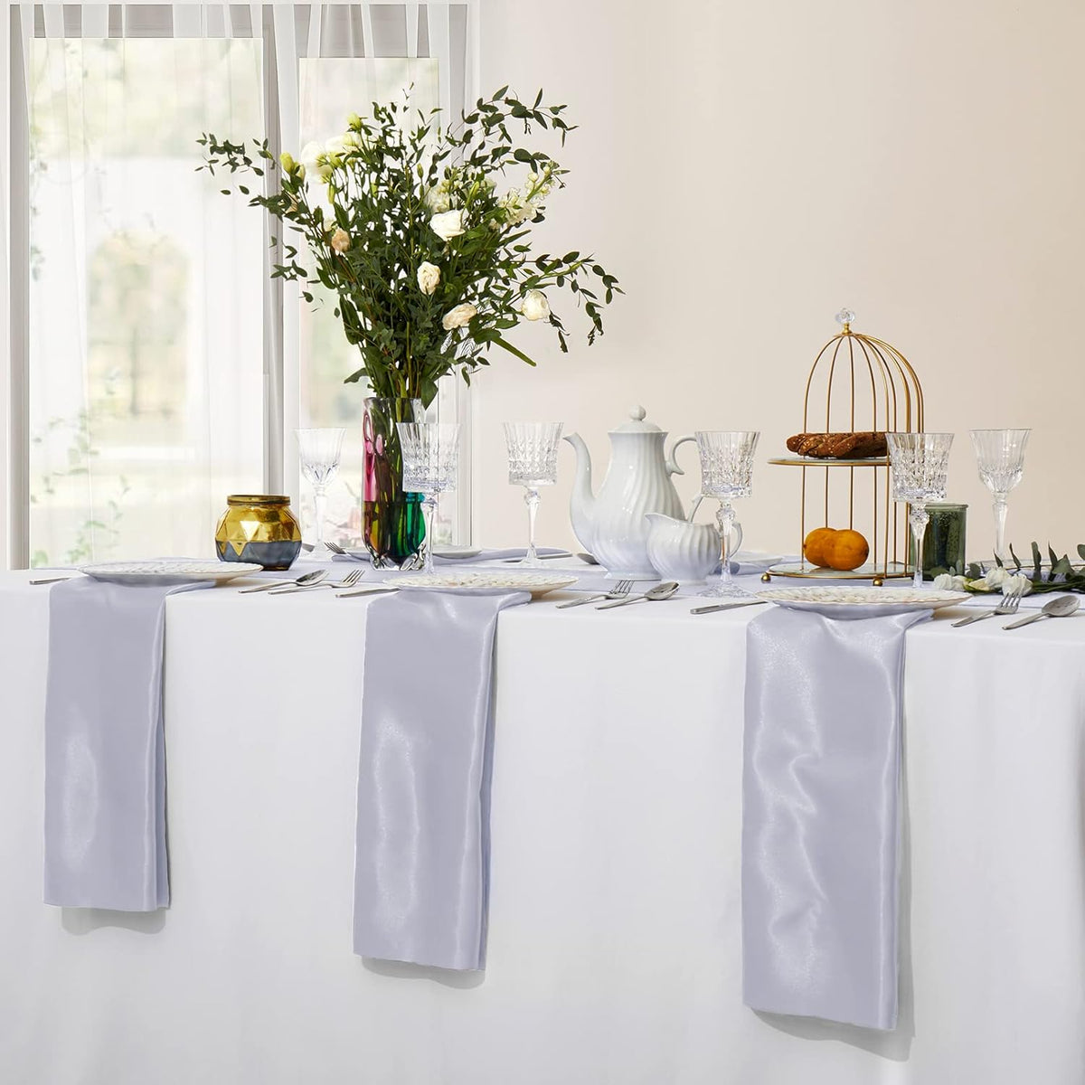 Horbaunal 30 Pack Silver Satin Napkins 17 x 17 Inch, Square Soft Table Dinner Napkins, Silky Cloth