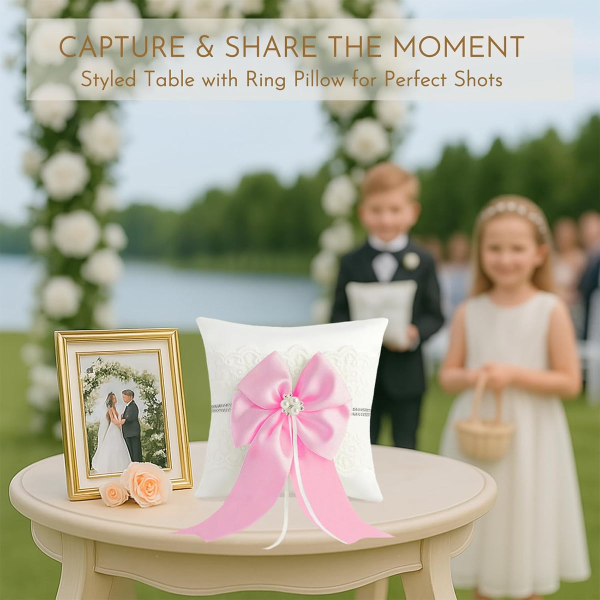 Wedding Ring Bearer Pillow: 8.2 x 8.2 Inch Satin Lace Cushion with Pink Pearl Bow for Ceremony Vows