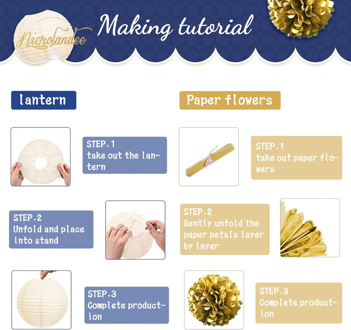 NICROLANDEE Navy Blue and Gold Decorations, 12PCS Hanging Paper Lanterns Tissue Pom Poms Decor for