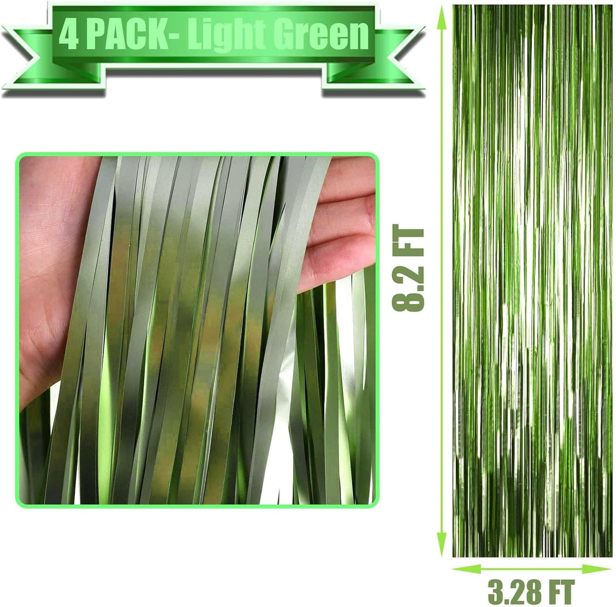4 Pack Light Green Foil Fringe Curtain Backdrop, 3.28Ft x 8.2Ft Metallic Tinsel Foil Fringe