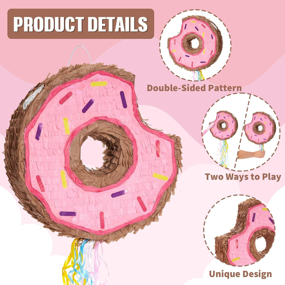 WERNNSAI Donut Piñata - Pink Donut Pinata with String Birthday Partyn Decorations Piñata with Stick