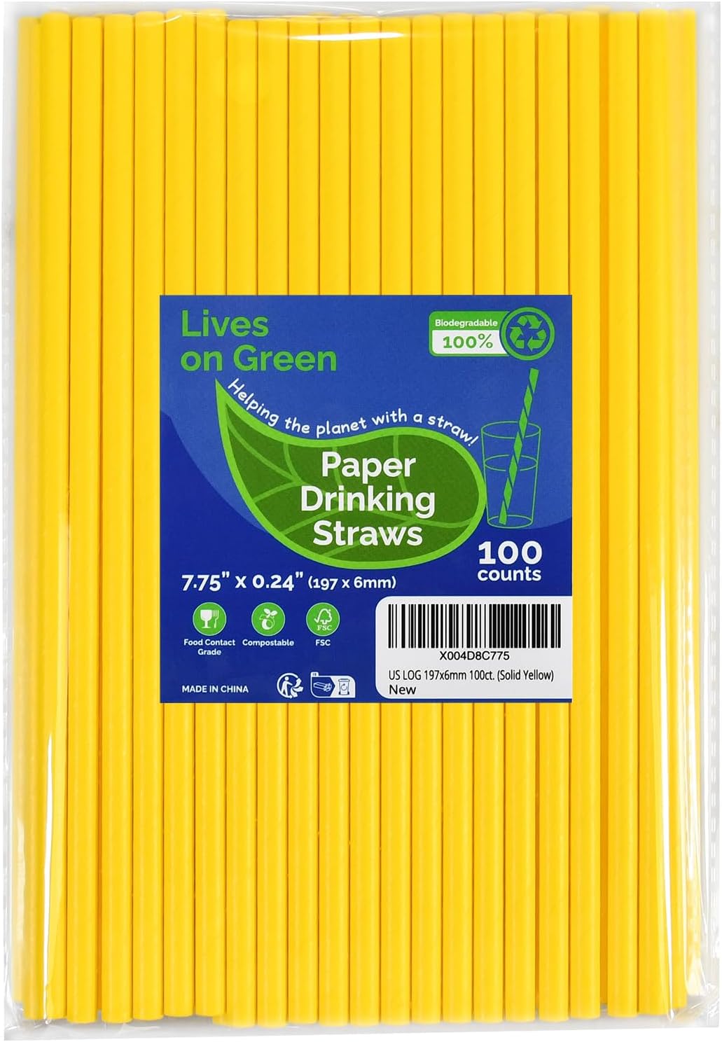 Solid Yellow Disposable Paper Drinking Straws 7.75 inch 100 Counts - for Beverage, Birthday, Party