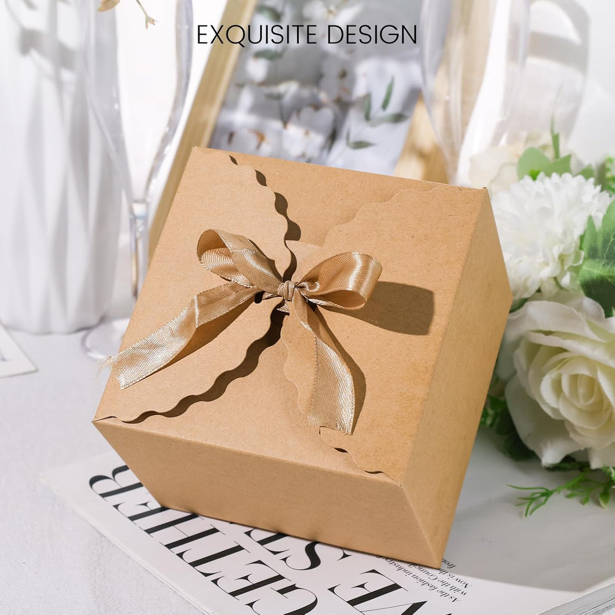 VGOODALL 10PCS Gift Boxes, 4.7" x 4.7" x 3.5" Brown Candy Boxes with Ribbon Mini Kraft Paper Party