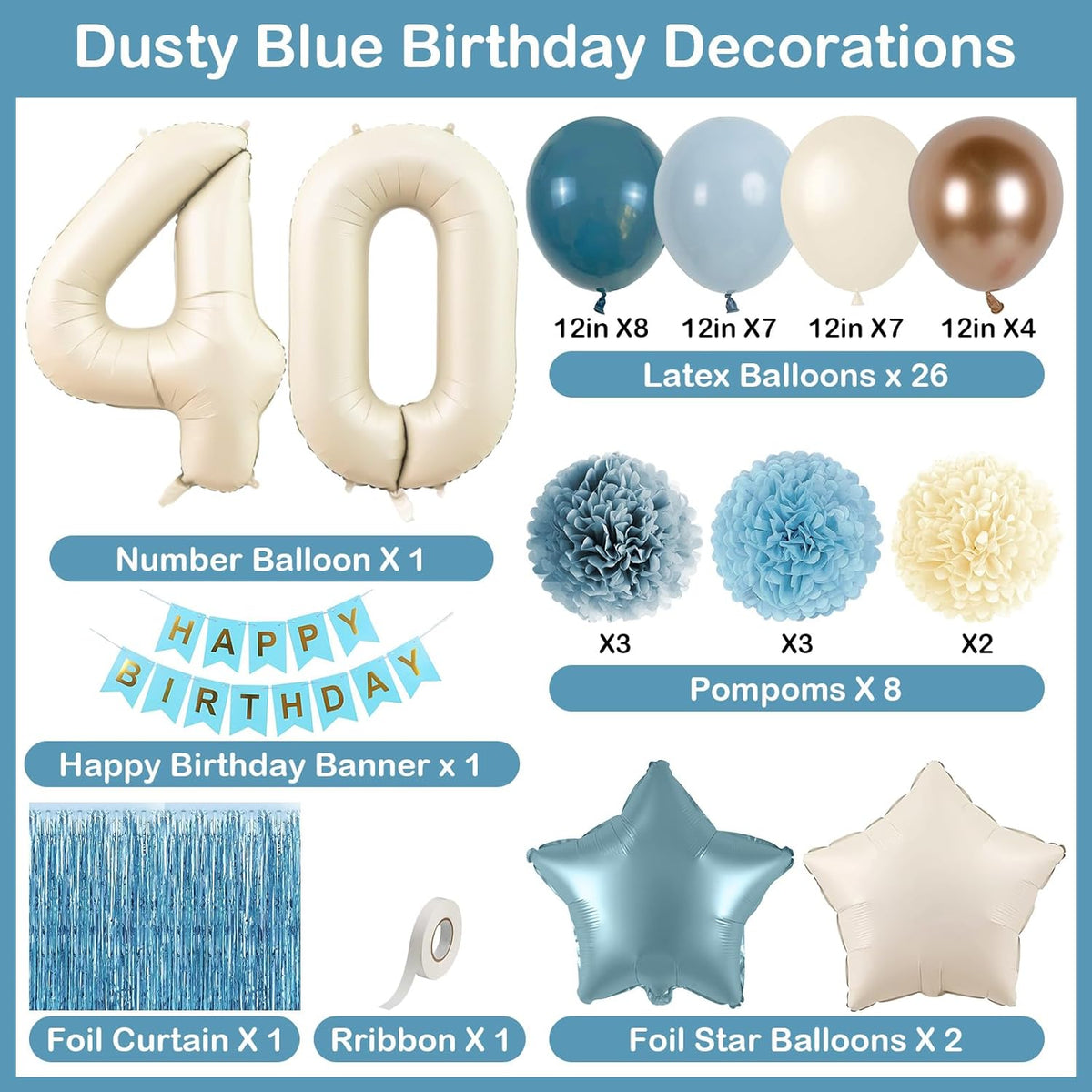 Dusty Blue 40th Birthday Party Decorations for Women Men Beige Cream Number 40 Balloon with Blue