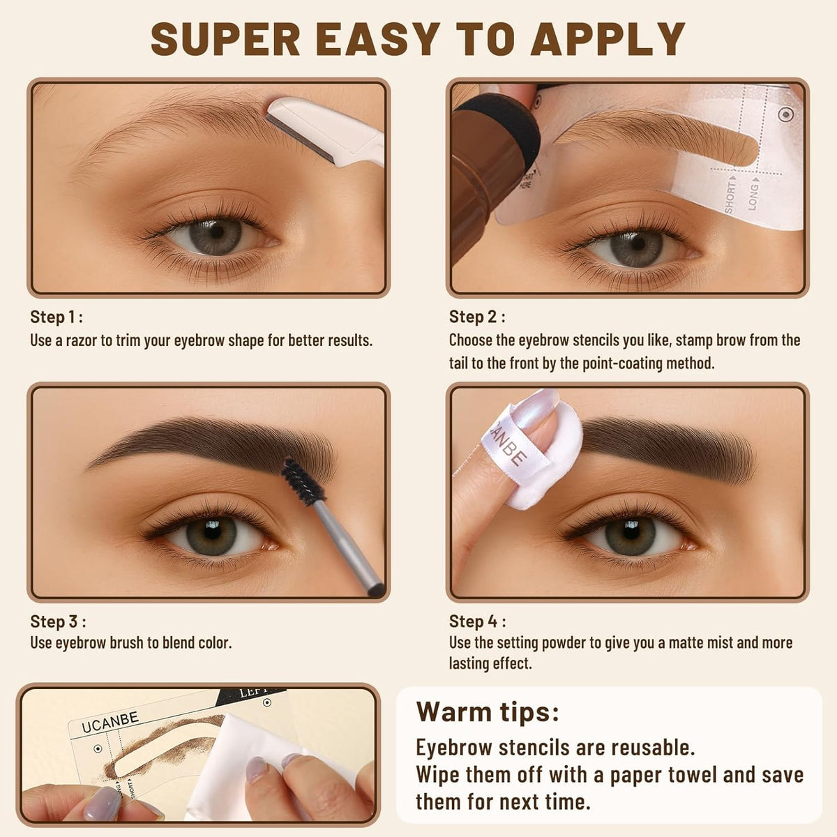 UCANBE 25PCS Eyebrow Stamp Stencil Kit With Dual-Color Eyebrow Stamp Pomade,20 Reusable Eyebrow