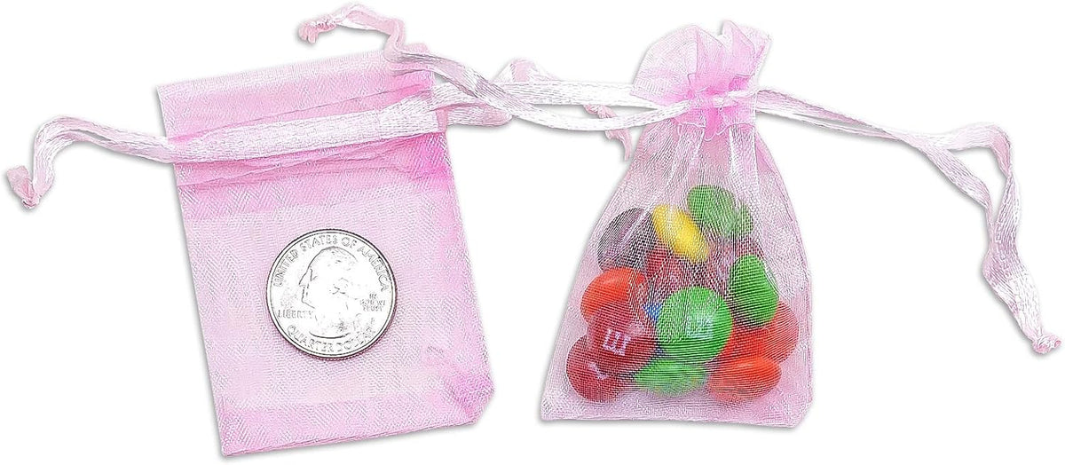 TheDisplayGuys 48-Pack 2" x 2-3/4" Pink Sheer Organza Gift Bags with Drawstring, Jewelry Candy