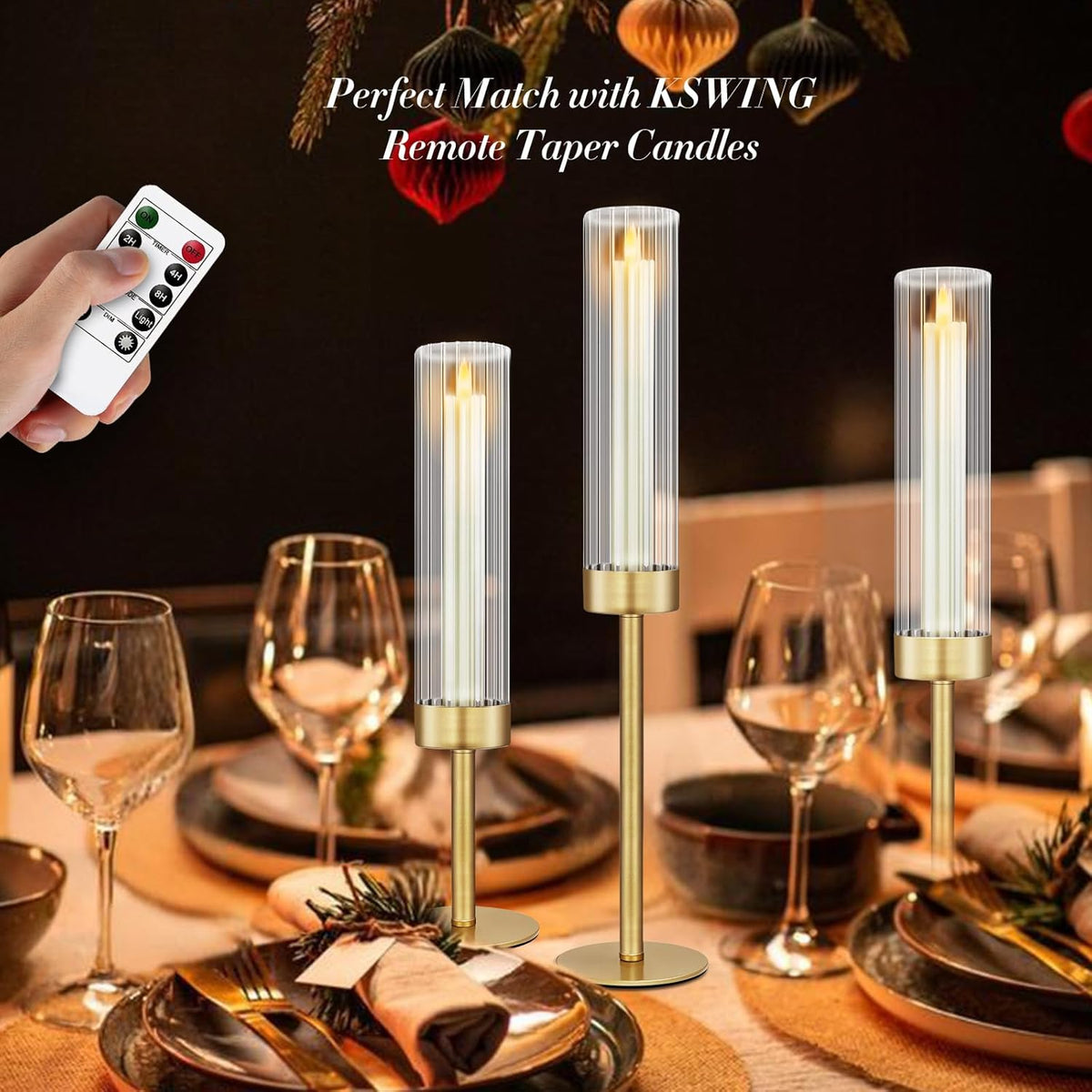 Glass Hurricane Candlestick Holders Gold, KSWING Set of 6 Taper Candle Holders Brass Tall Clear