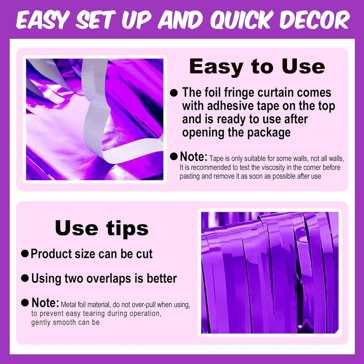 3 Pack Purple Foil Fringe Curtains Backdrop, 3.28 x 9.8 Ft Metallic Streamers Tinsel Curtains