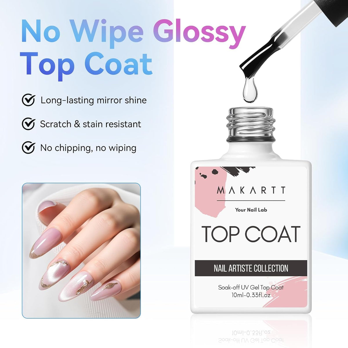 Makartt 2 Pcs Gel Top Coat and Base Coat Set - No Wipe Shine Finish Soak Off Base Top Coat Long
