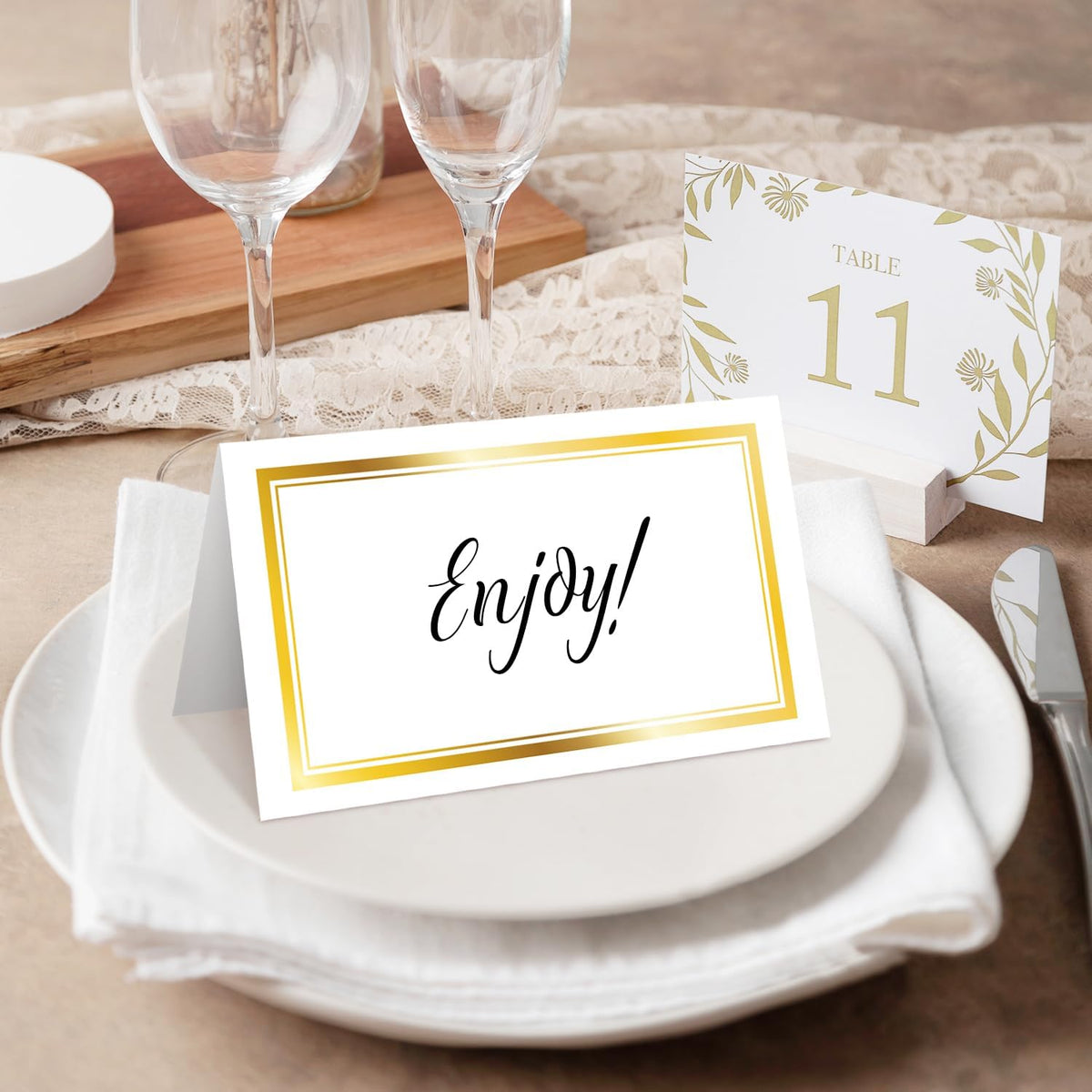 25 Premium Place Cards for Table Seating, Wedding Name Place Card with Gold Foil Border, Tent Cards