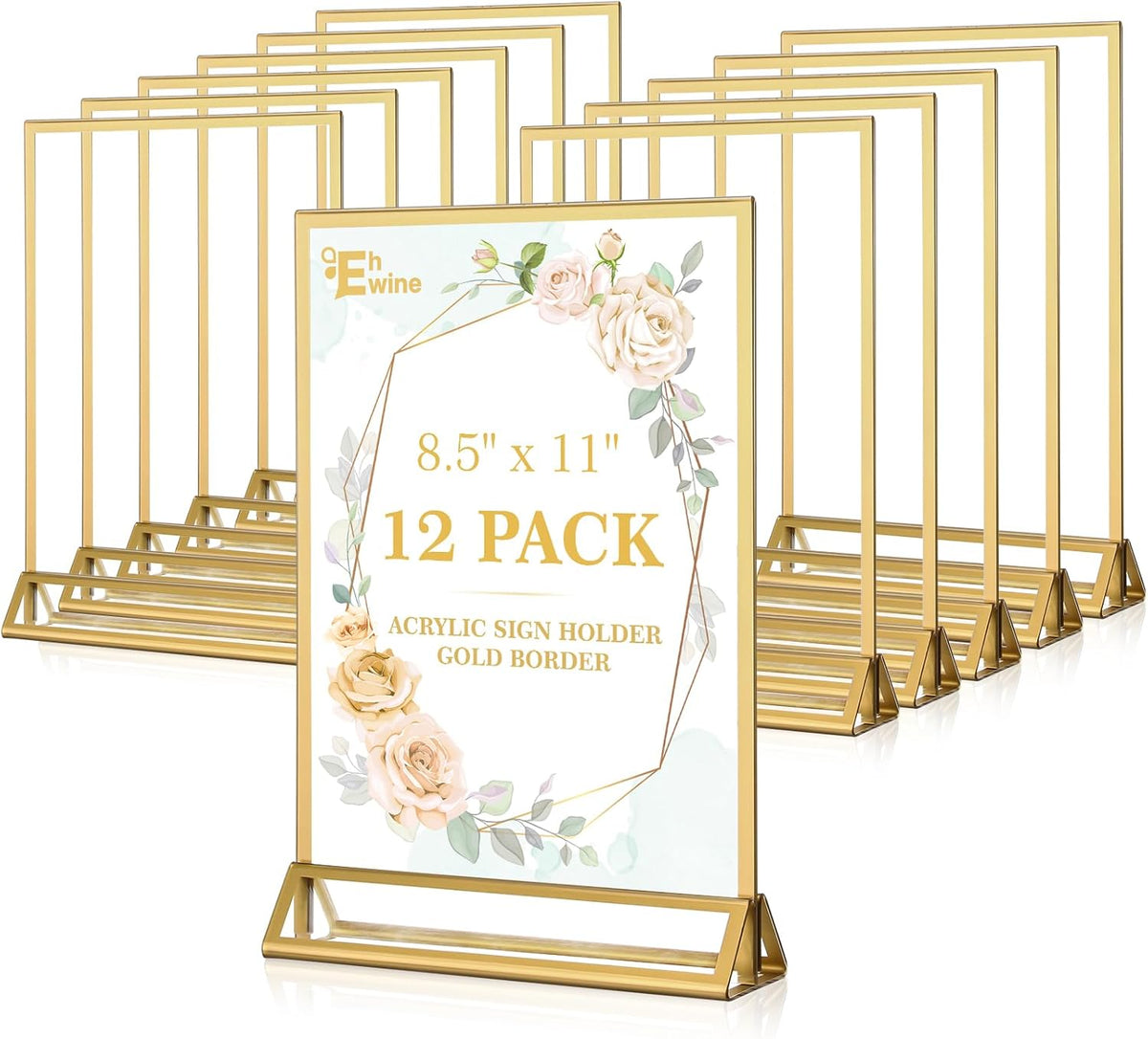 EHWINE 12 Pack Acrylic Sign Holder 8.5 x 11, Double Sided Gold Picture Frame Stand up Table Top