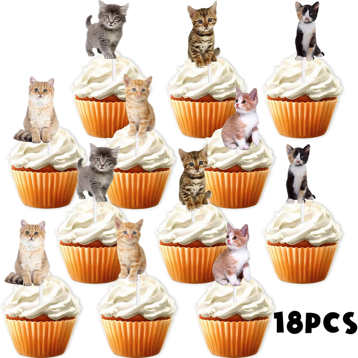18pcs Glitter Cat Dessert Cupcake Topper Pick for Cute Lovely Cat Theme Decorations Baby Shower