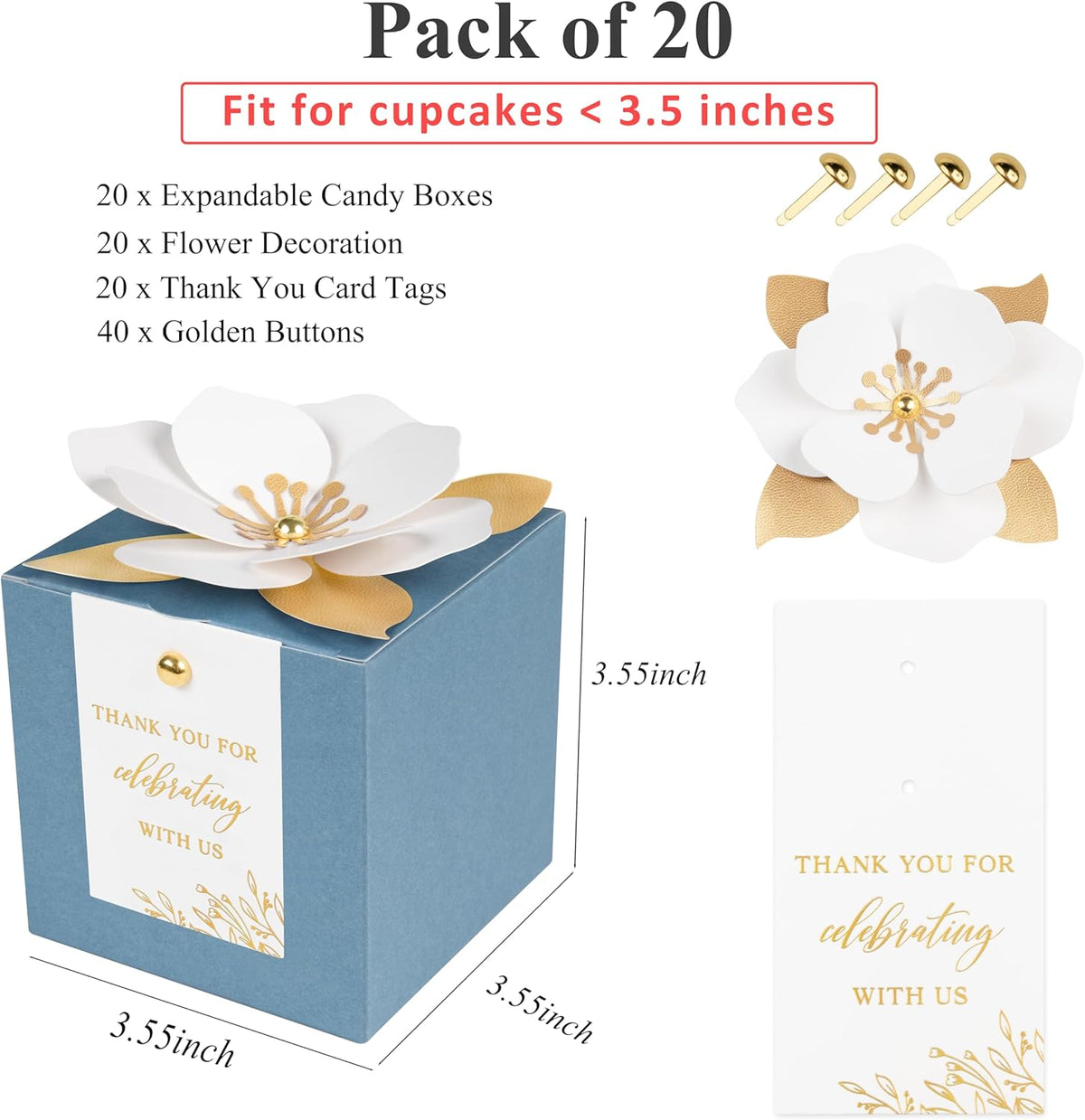 FEIYI 20 PCS Dusty Blue Gift Boxes, 3 In 1 Favor Boxes with Floral Decor, White Thank You Tags