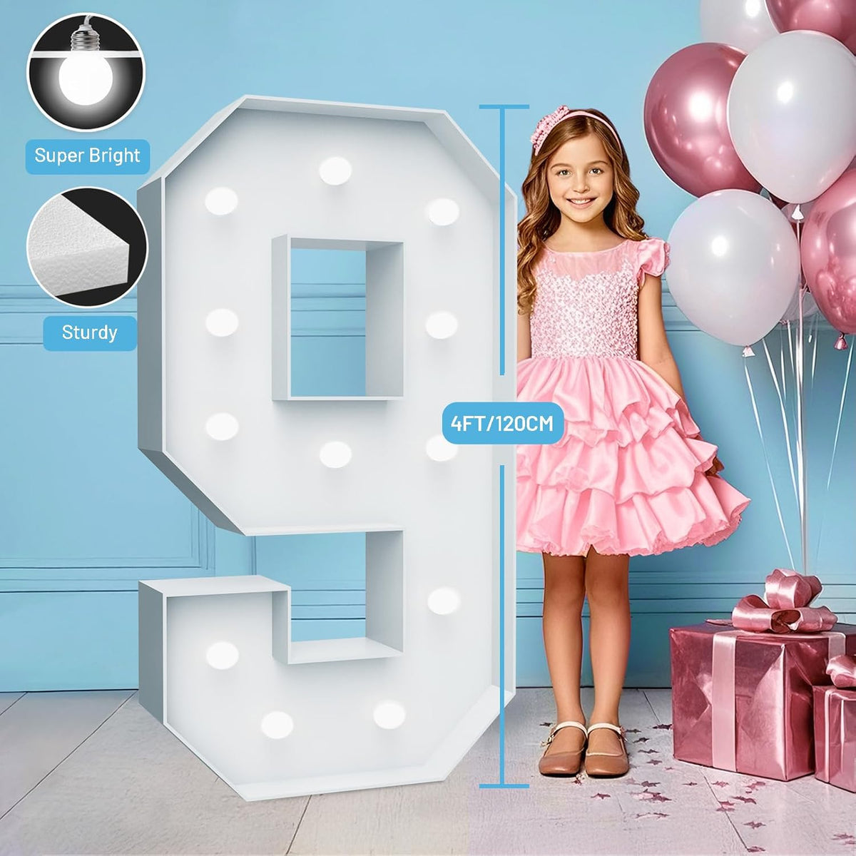 4FT Marquee Light Up Numbers - Cool White Light Up Numbers 9 with Fixed Water Bag, Party Decoration