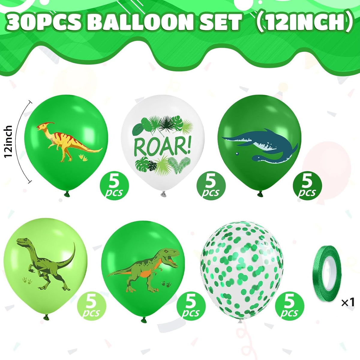 Dinosaur Balloons, 12 Inch Dark Fruit Light Green White Dinosaur Printed Latex Balloons for Boy