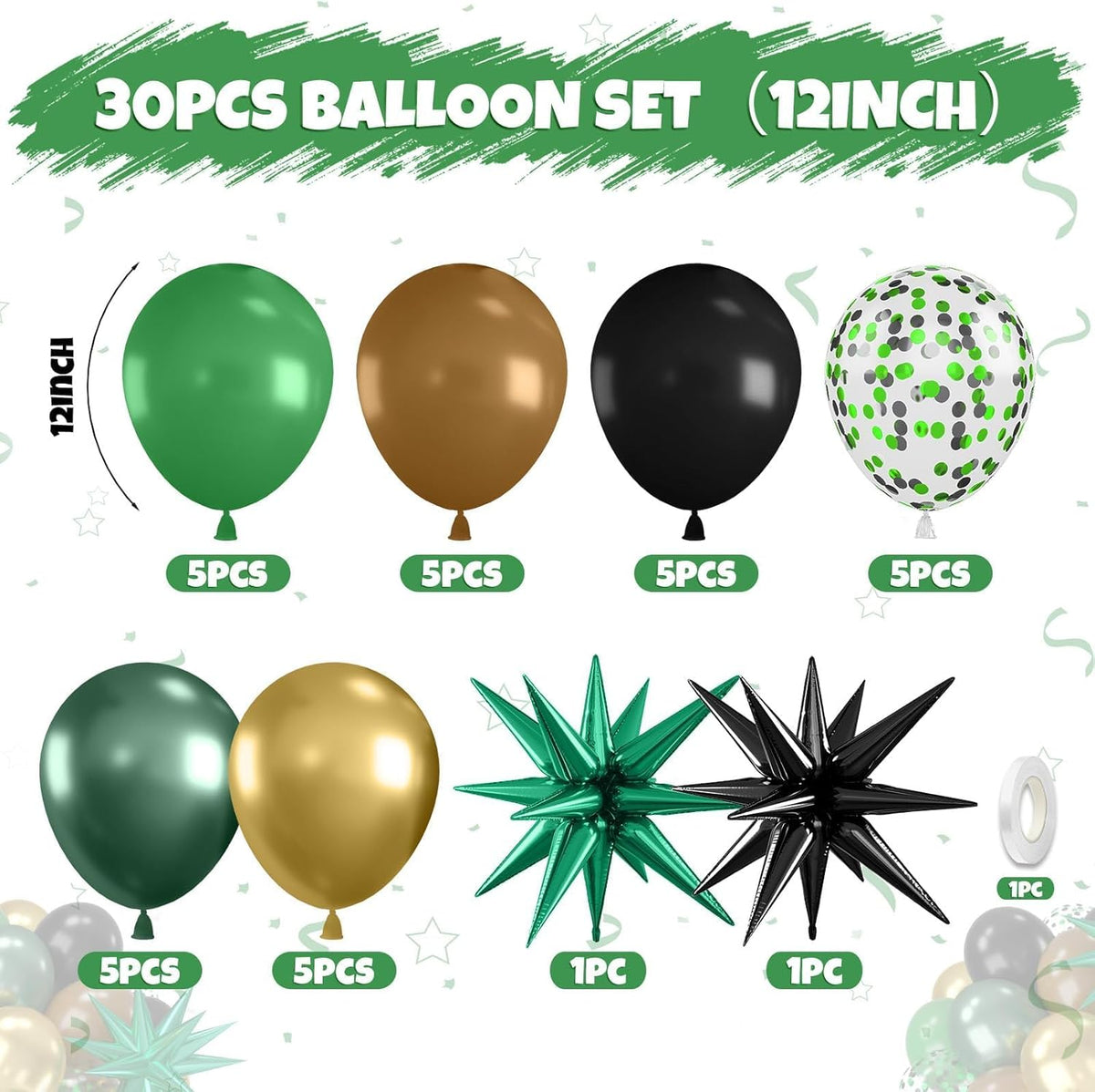 Green and Brown Balloons, 12 Inch Dark Green Black Metallic Green Gold Balloon with Star Foil