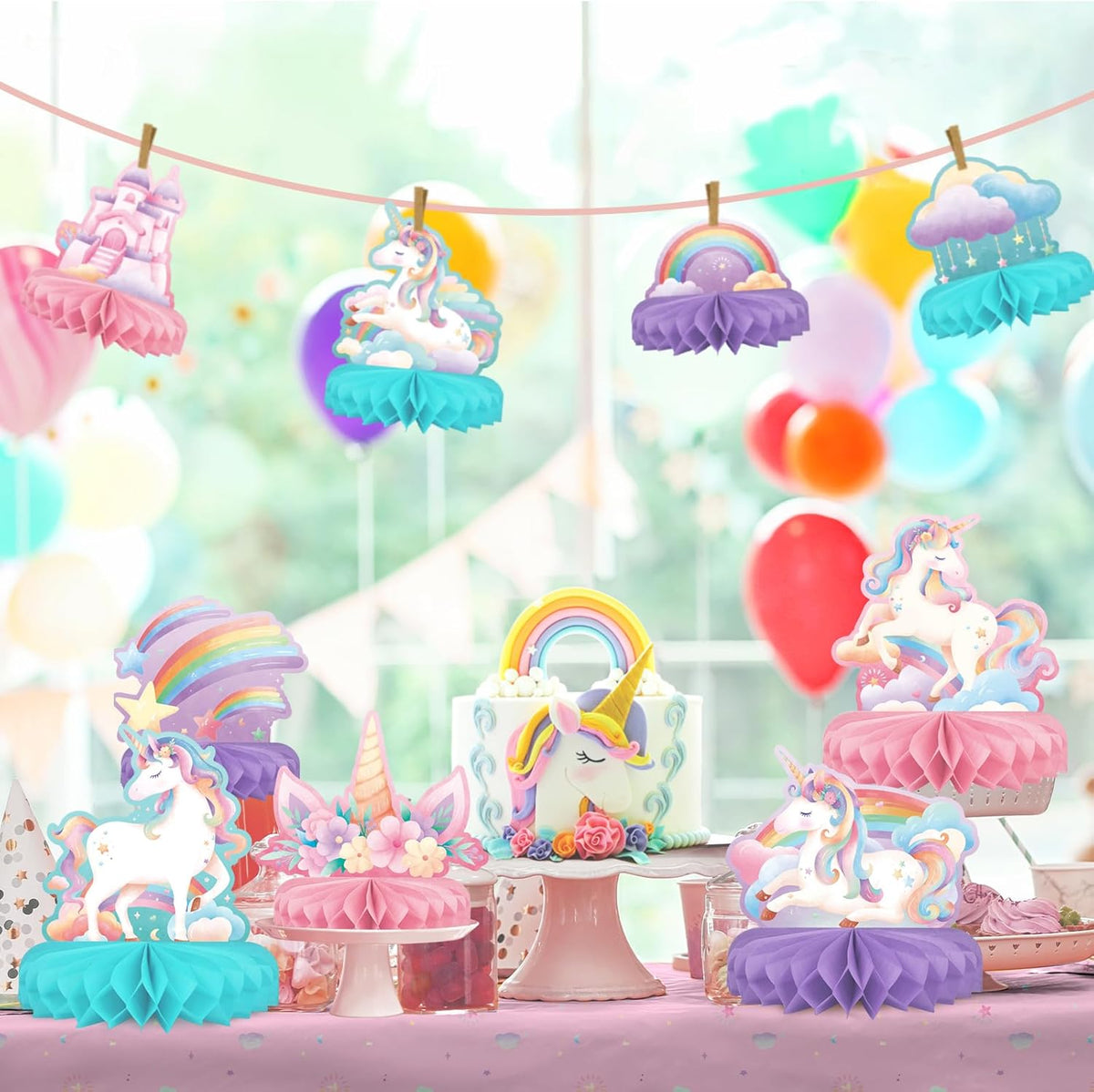Unicorn Birthday Party Supplies Set - Rainbow Table Decorations with Honeycomb Centerpiece for
