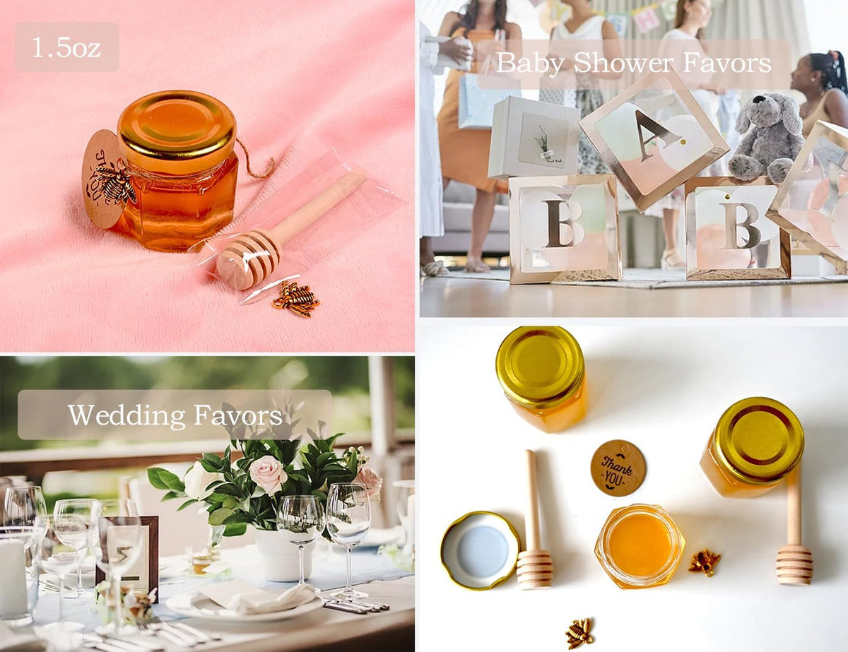 Adabocute Mini Honey Jars with Dipper - Hexagon Honey Pot Set with Gold Lid, Bee Pendants, Jutes