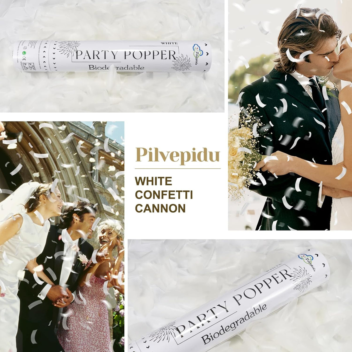 White Confetti Poppers,Rice Paper For Wedding,Biodegradable Cannon,6Pack Biodegradable Confetti