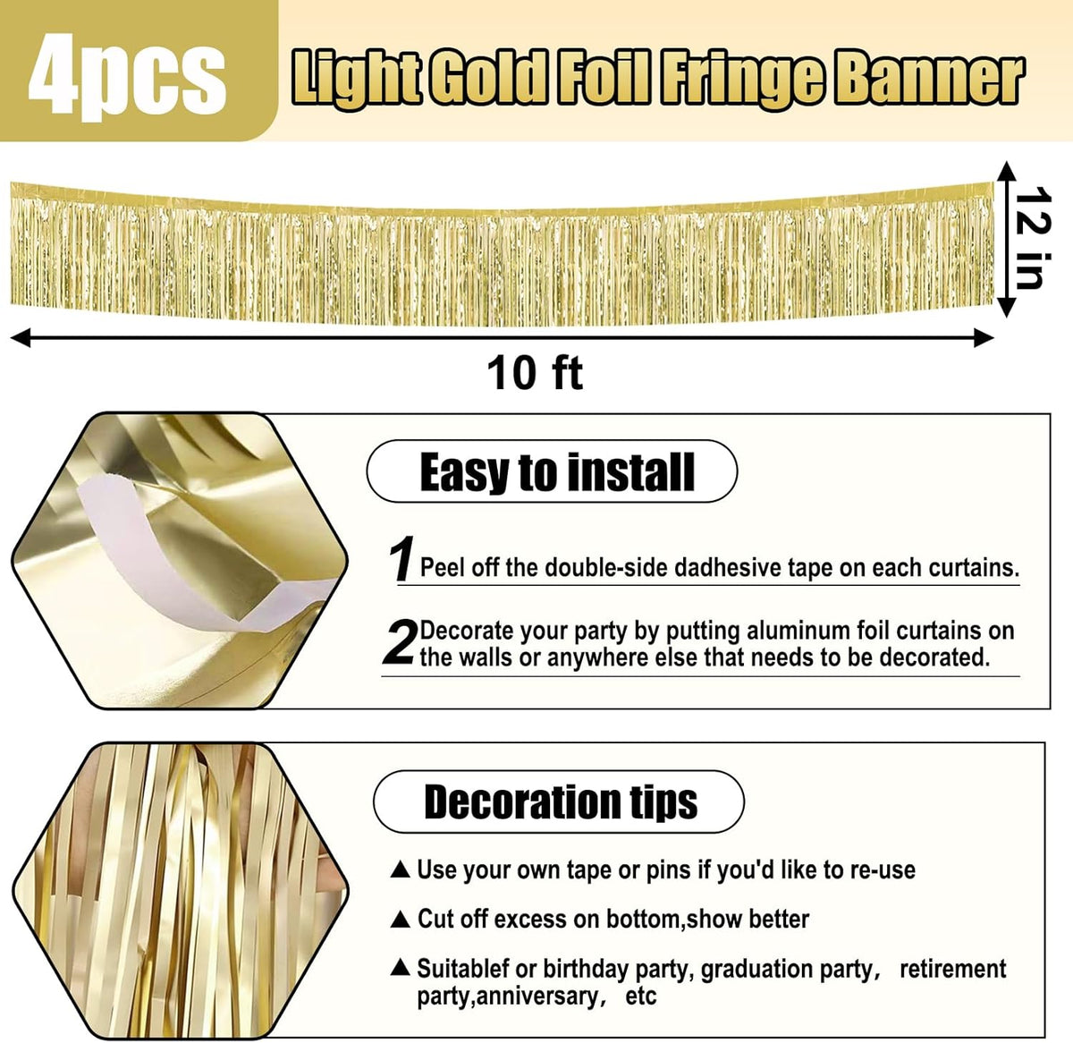 4 Pack 10 Feet Light Gold Foil Fringe Garland Metallic Tinsel Streamers Banner Wall Hanging Curtain
