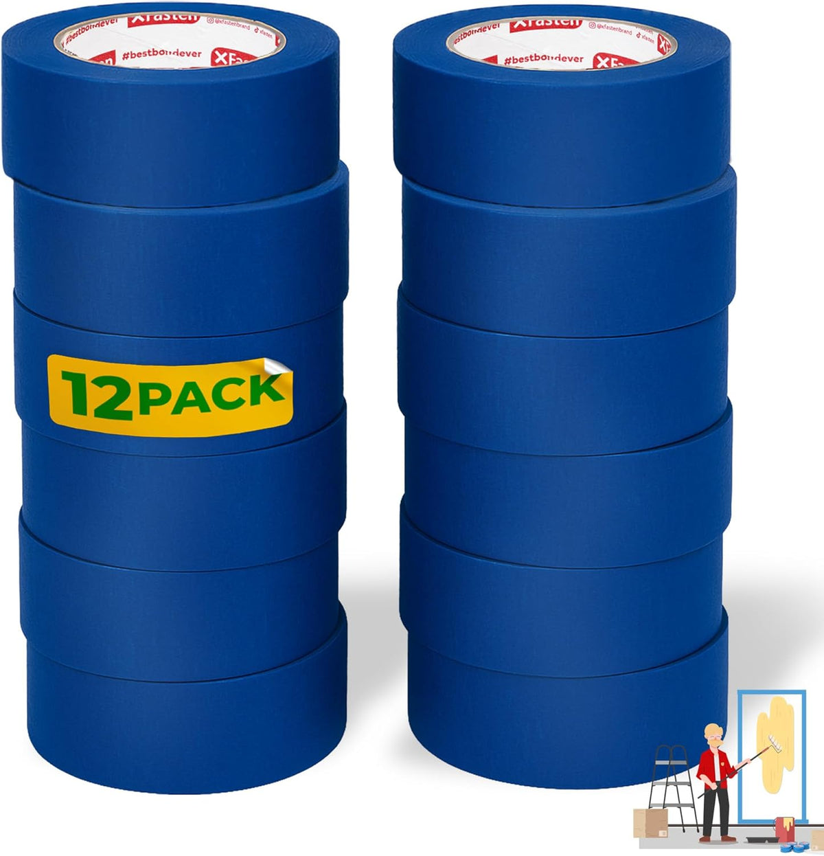 XFasten Blue Painter's Tape, 2 Inch x 60 Yards (12-Pack) Blue Painters Masking Tape Bulk - Sharp