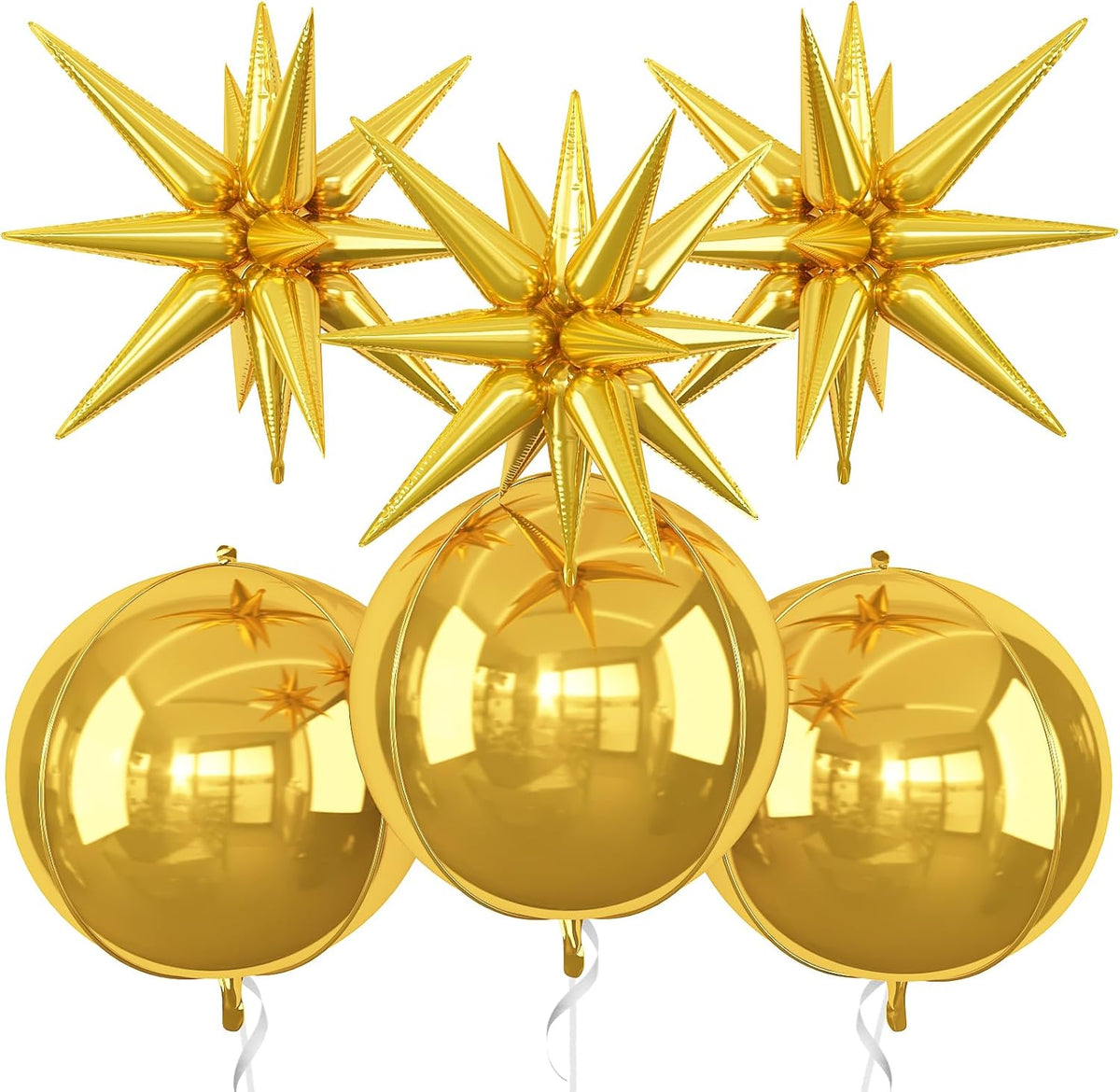 6Pcs Gold Foil Balloons,22Inch Gold 4D Round Ball Balloon and Explosion Star Balloon for Birthday