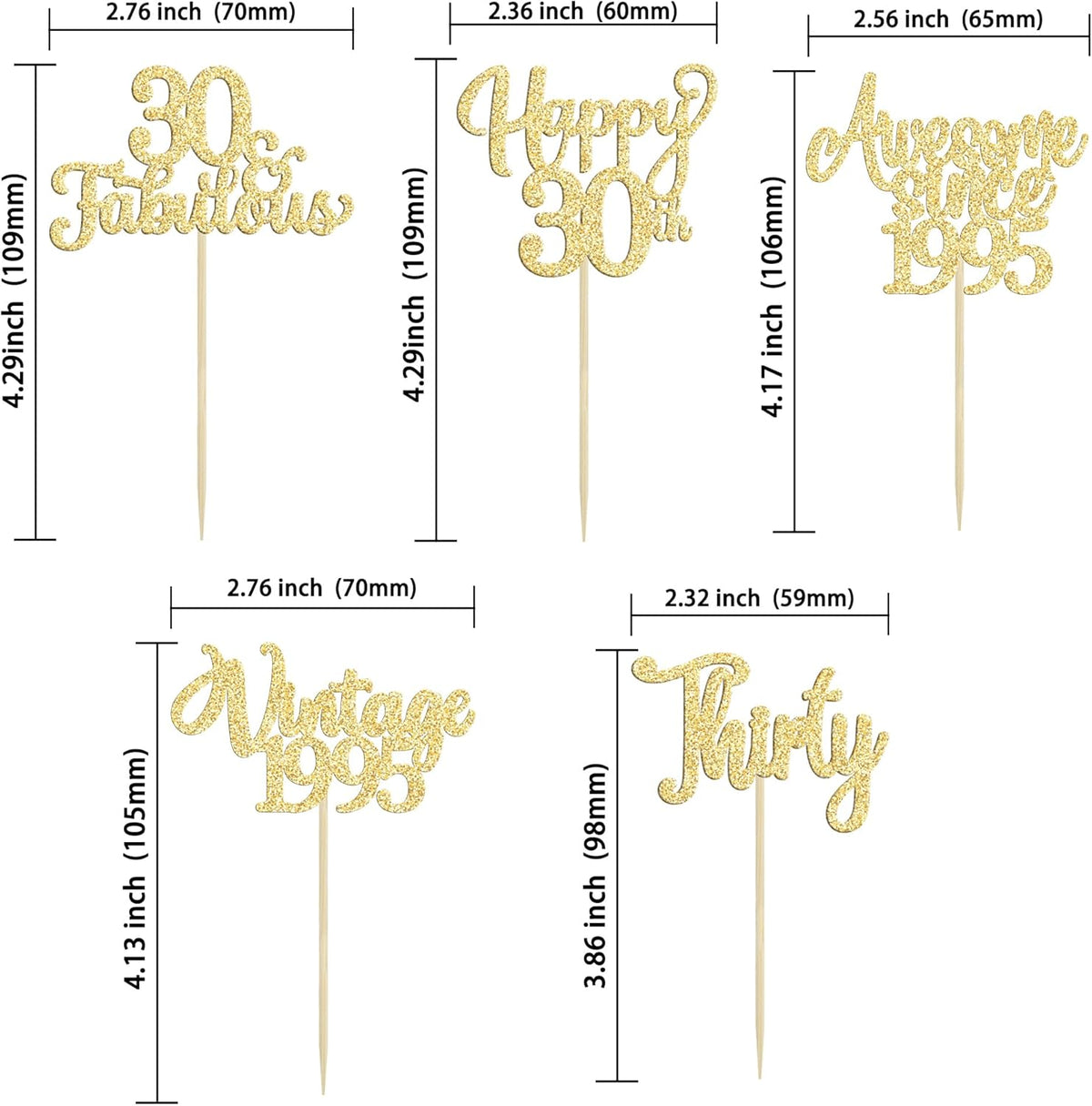 30Pcs Vintage 1995 Cupcake Toppers Glitter Thirty Happy 30th Birthday 30 Fabulous Cupcake Picks