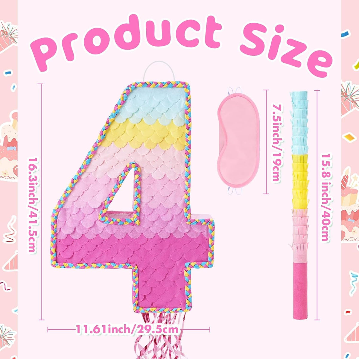 WERNNSAI Pink Sweet Four Pinata - Number 4 Pinata Happy Birthday Decoration Pink Rainbow Design