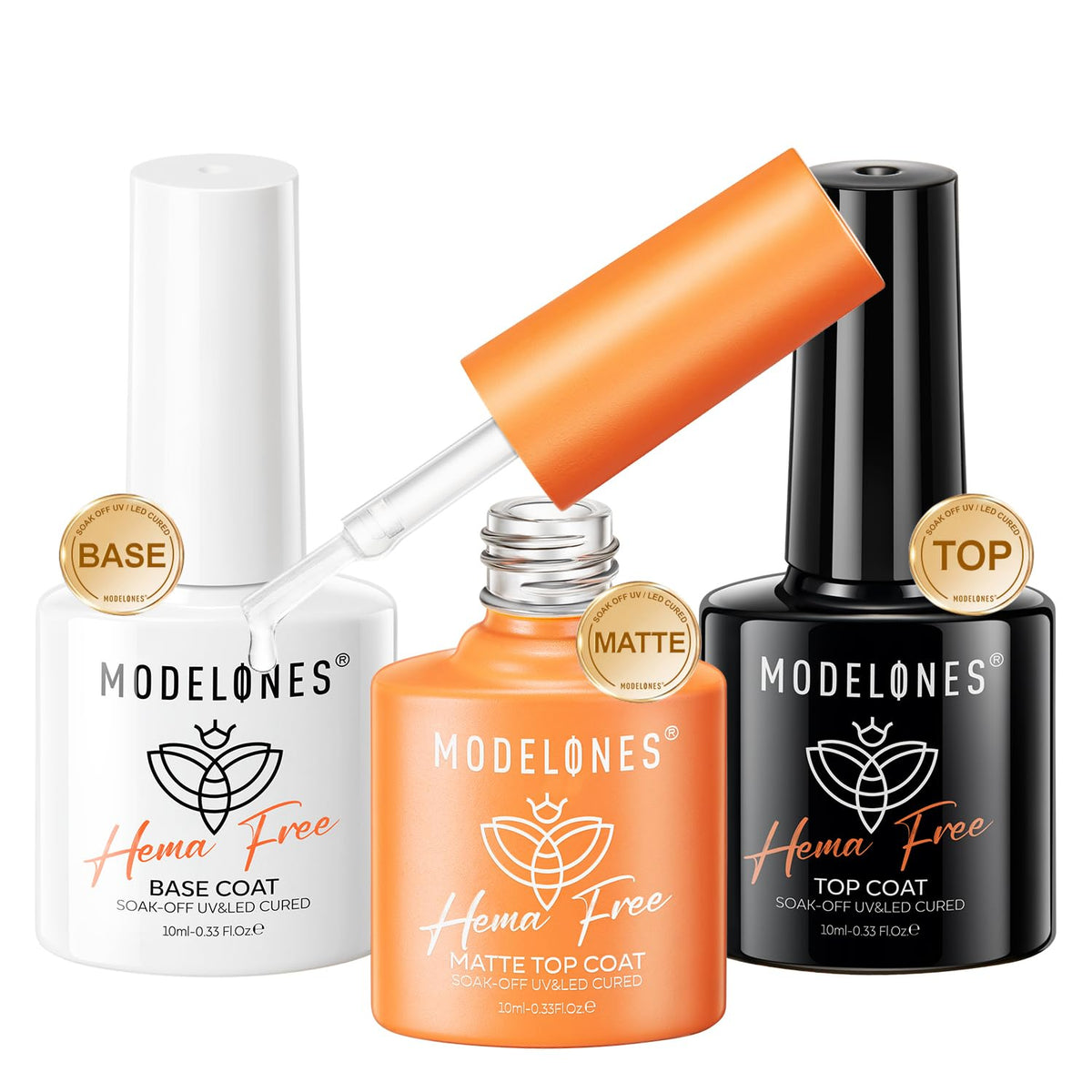 modelones Hema-Free Gel Top and Base Coat Set, 3 Pcs Clear Glossy Velvet Matte Base Top Coat No