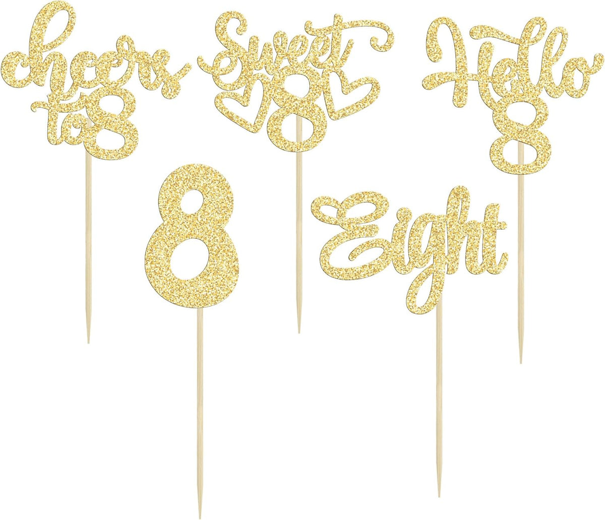 30Pcs 8th Birthday Cupcake Toppers Glitter Eight Hello 8 Cupcake Picks Cheers to 8 Years Old Cake
