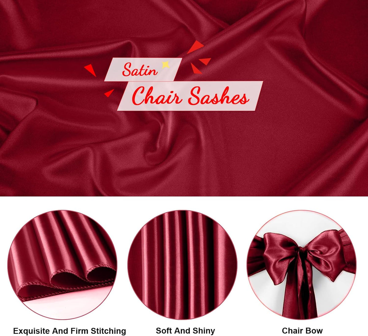 10 PCS Burgundy Satin Chair Sashes Bows Universal Chair Ribbon Ties Back Sash for Wedding Party