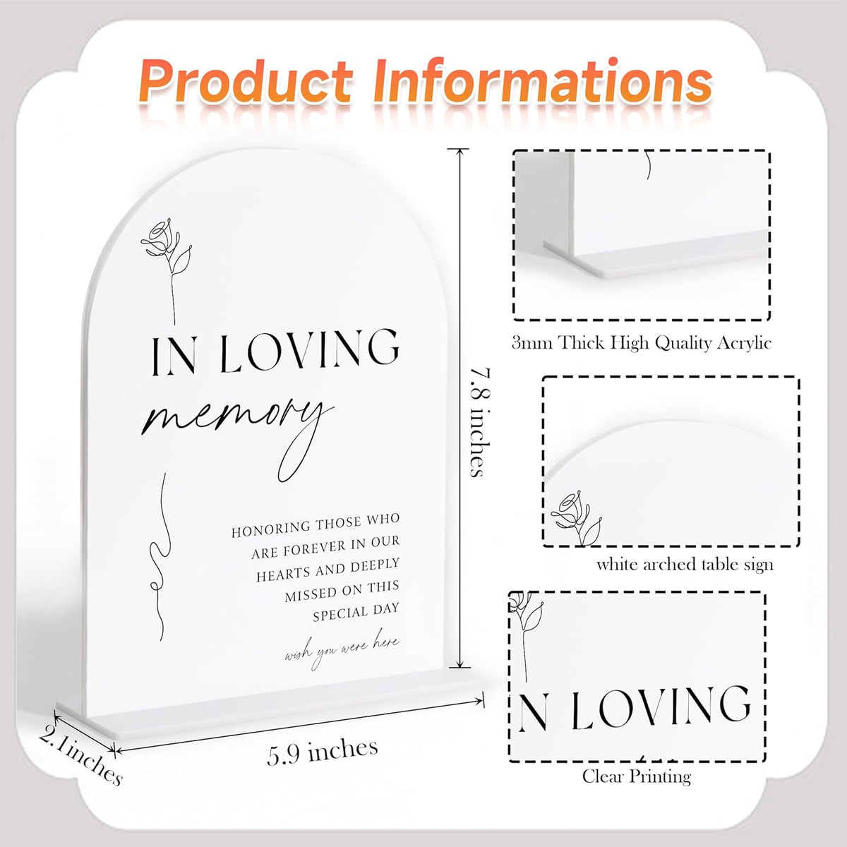 In Loving Memory Sign, White Arch Acrylic Wedding Sign, Memory Table Signs for Wedding Reception