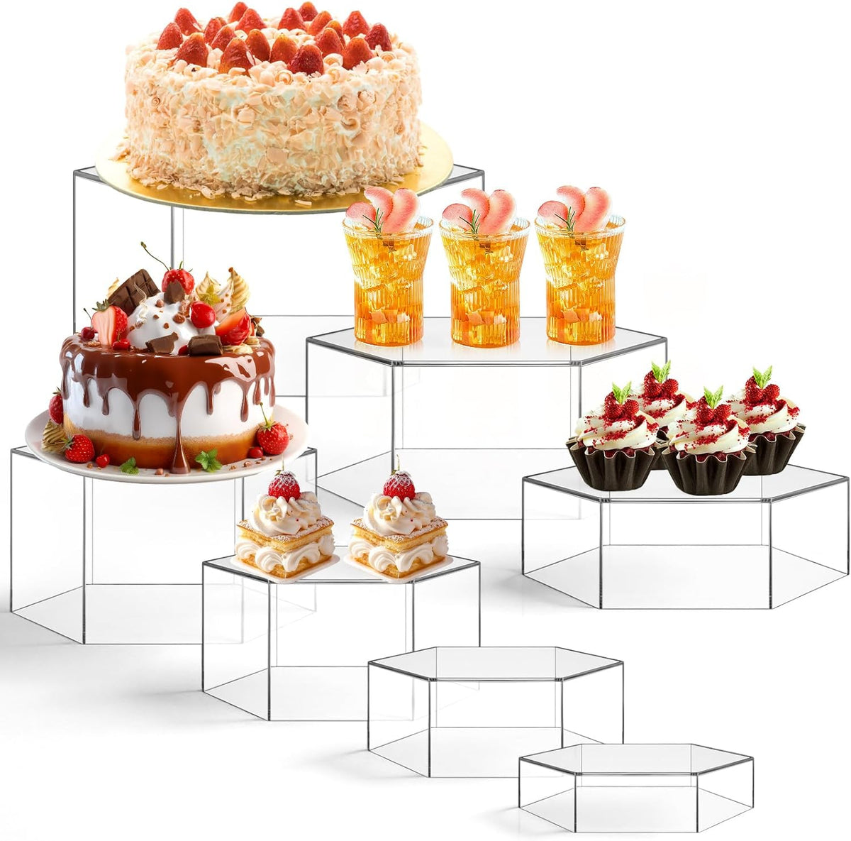 Leinuosen 7 Pcs Large Buffet Risers Set 6" to 12" Acrylic Display Box Catering Dessert Table Riser