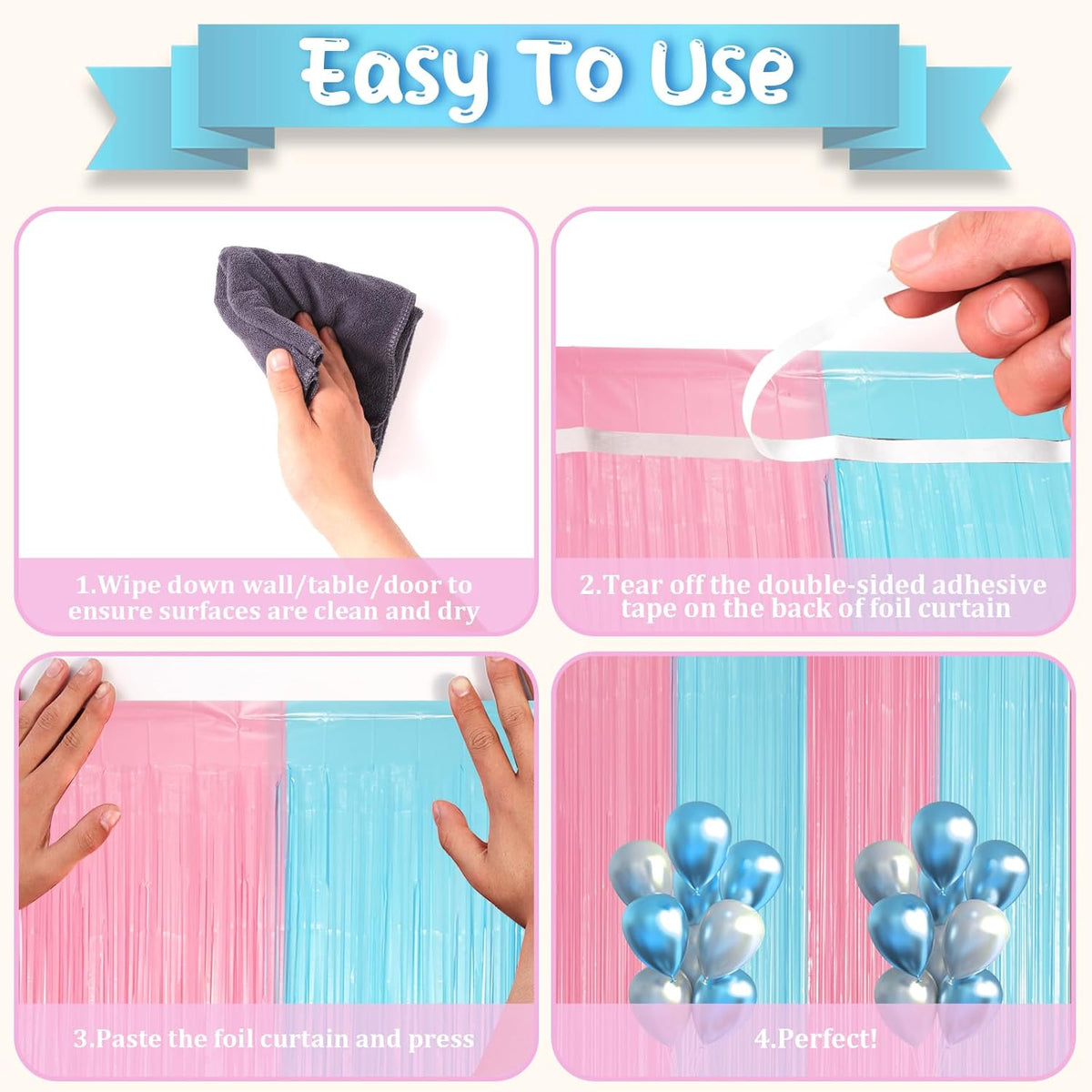 2 Pack Pastel Blue and Pink Foil Fringe Backdrop Curtains, Tinsel Streamers Party Decorations