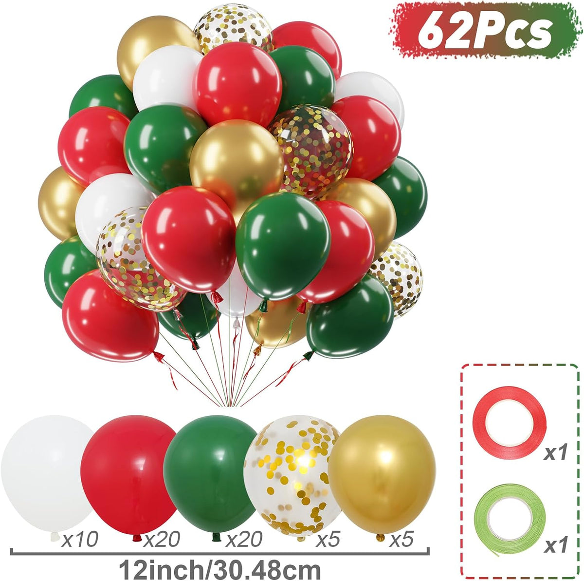 Christmas Red Green Gold Balloons Set, 60Pcs 12 Inch Red Green White Metallic Gold Confetti Latex