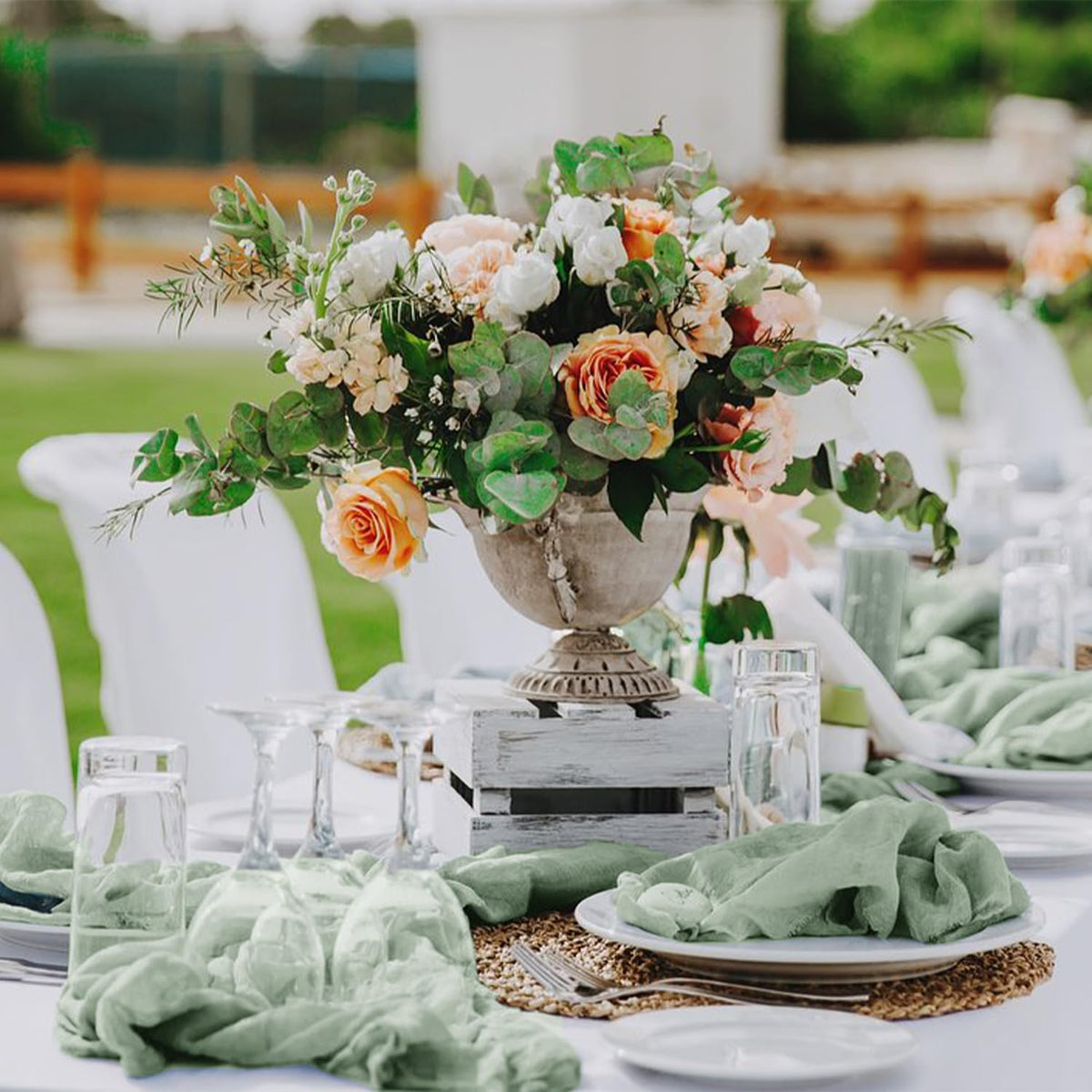 Hahuho Sage Green Cheesecloth Table Runner 10ft, Gauze Boho Rustic Table Runners for Wedding