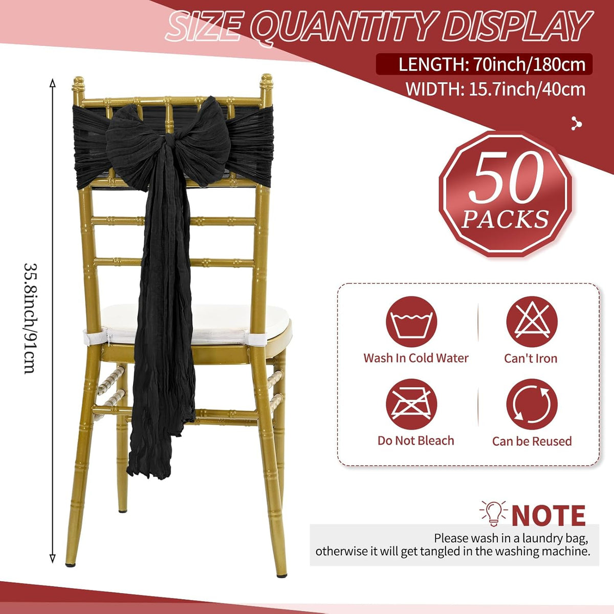 50 PCS Cheesecloth Chair Sashes Bows Wedding Aisle Decorations Chair Ribbon Ties Back Sash for