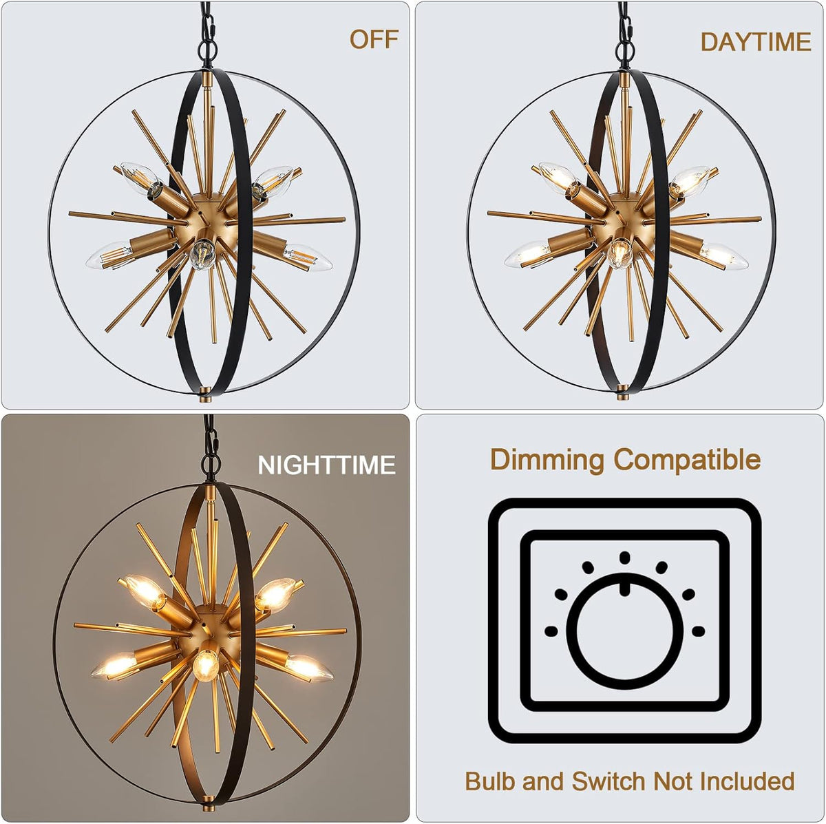 17.72'' Black Gold 8-Light Globe Sputnik Chandelier Modern Industrial Adjustable Hanging Ceiling