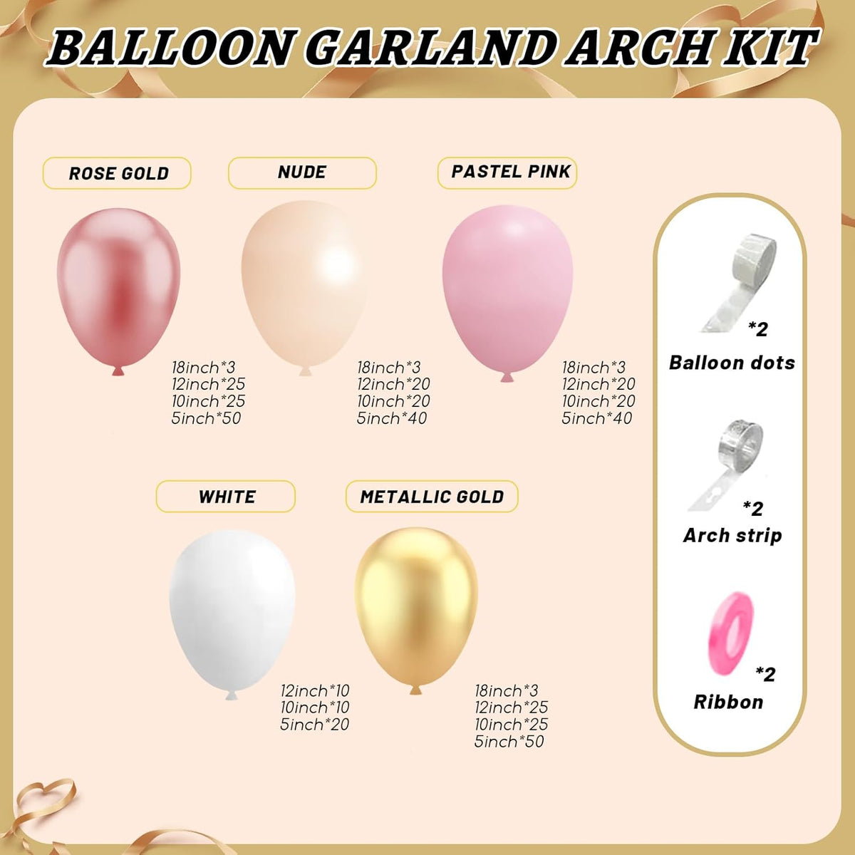 412Pcs Rose Gold Balloon Garland Arch Kit,18 12 10 5 Inch Nude Pastel Pink Metallic Gold White