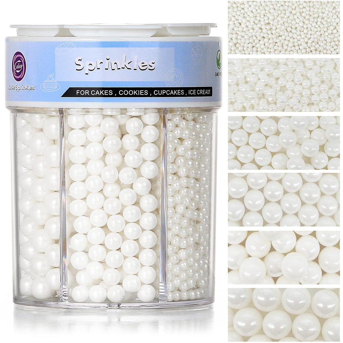 Sprinkles for Cake Decorating, 11Oz White Pearl Sprinkles 6 Sizes Mix for Cake Cupcake Ice Cream