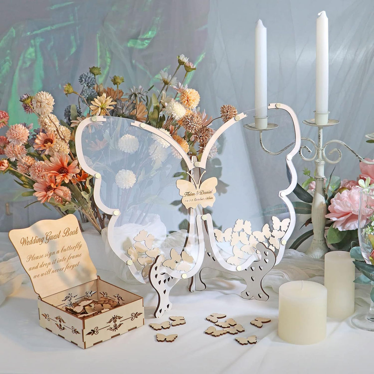 14Colors Butterfly Guest Book Alternativey for 40 Guests to 200 Guests,Rustic Drop Wooden Signs for