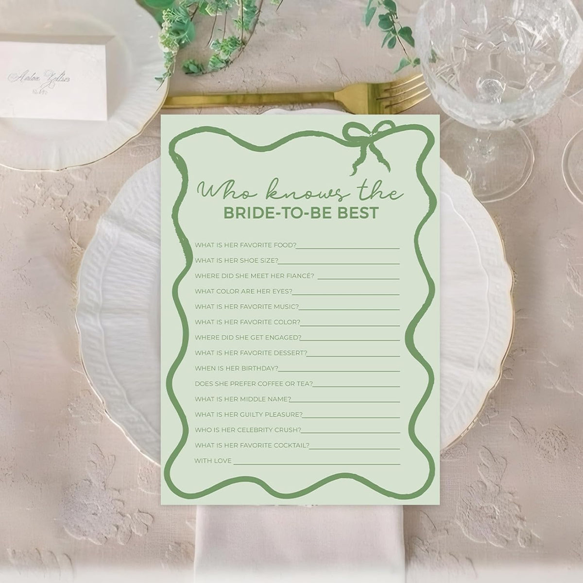 DEEKA 30 PCS Bridal Shower Games Card for 30 Guests Sage Green Wavy Border Ribbon Bow Funny Wedding
