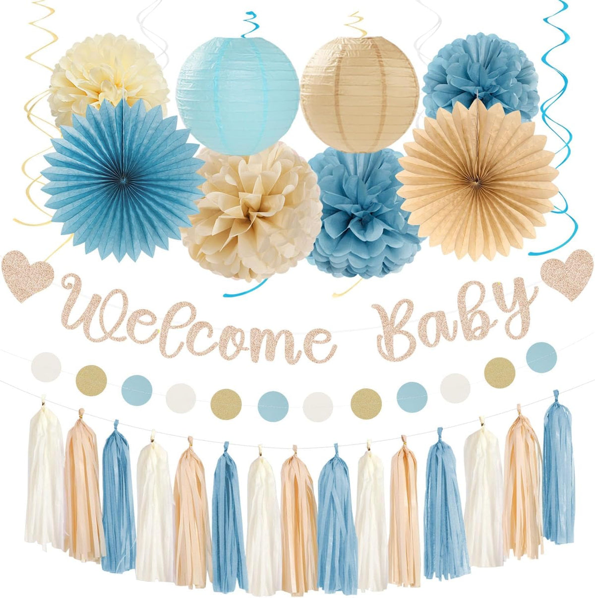 Light-Dusty Blue Beige-Champagne Baby-Shower Party-Decorations - 31pcs Welcome Home Banner Sign,Boy