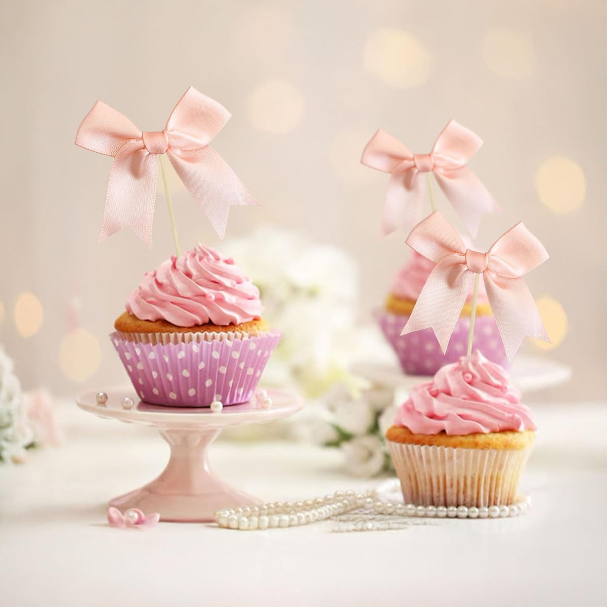 Gyufise 24Pcs Bow Cupcake Toppers Coquette Bow Girls Birthday Cake Decorations Bowknot Cake Toppers