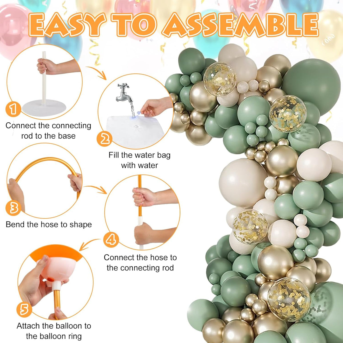Balloon Arch Stand Kit 8.2ft and 5ft, Heavy Duty Base with Water Filling Bag, Bendable Half Arch