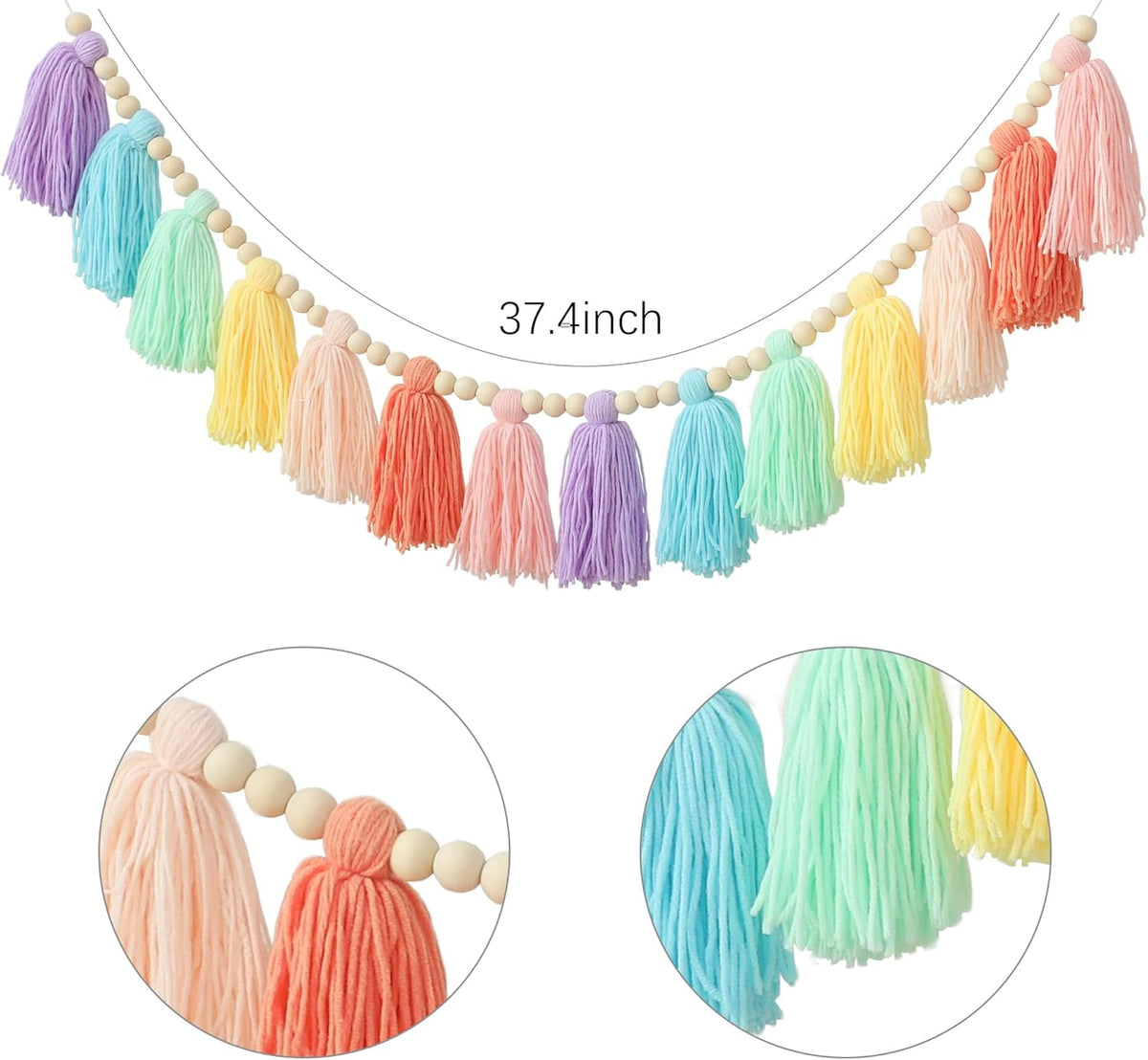 Pastel Rainbow Boho Tassel Garland Wall Hanging with Wood Beads for Baby Shower Birthday Party